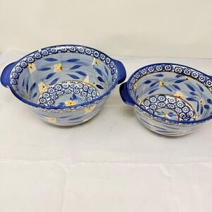 Temp-tations Old World Blue Ceramic Mixing Bowls Set of 2 1.5QT 1QT *flaws* see